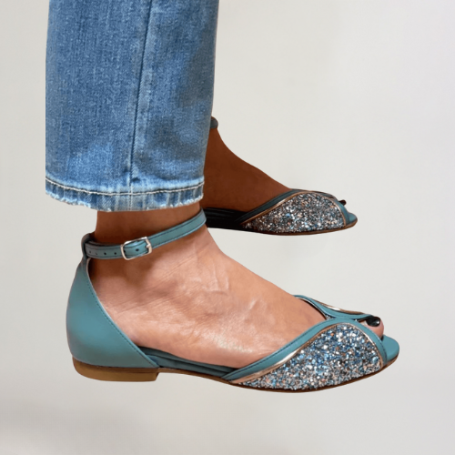 VIOLA | GLINSTERENDE PEEP-TOE SANDALEN MET ENKELBANDJE