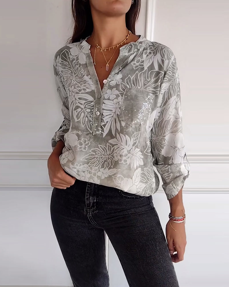 SHANA | BLOUSE MET BLAD PRINT EN PATCHWORK PAILLETTEN