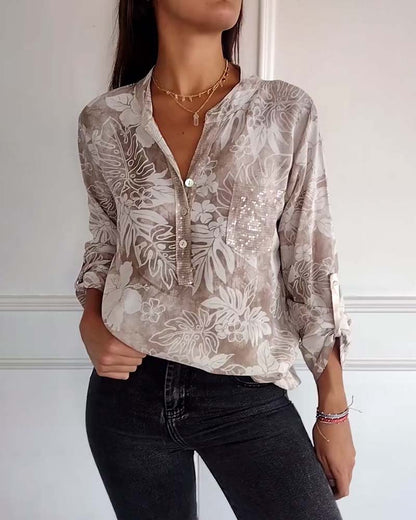SHANA | BLOUSE MET BLAD PRINT EN PATCHWORK PAILLETTEN