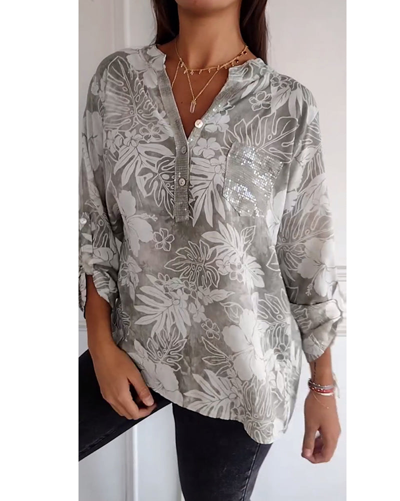 SHANA | BLOUSE MET BLAD PRINT EN PATCHWORK PAILLETTEN