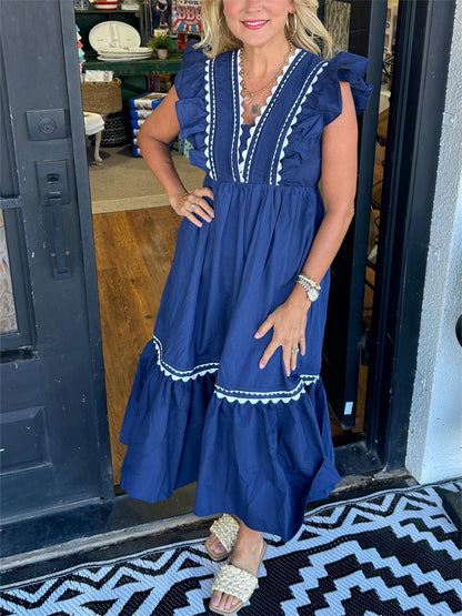 NOOR MAXI | JURK MET V-HALS EN RUCHES MOUWEN