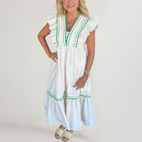 NOOR MAXI | JURK MET V-HALS EN RUCHES MOUWEN