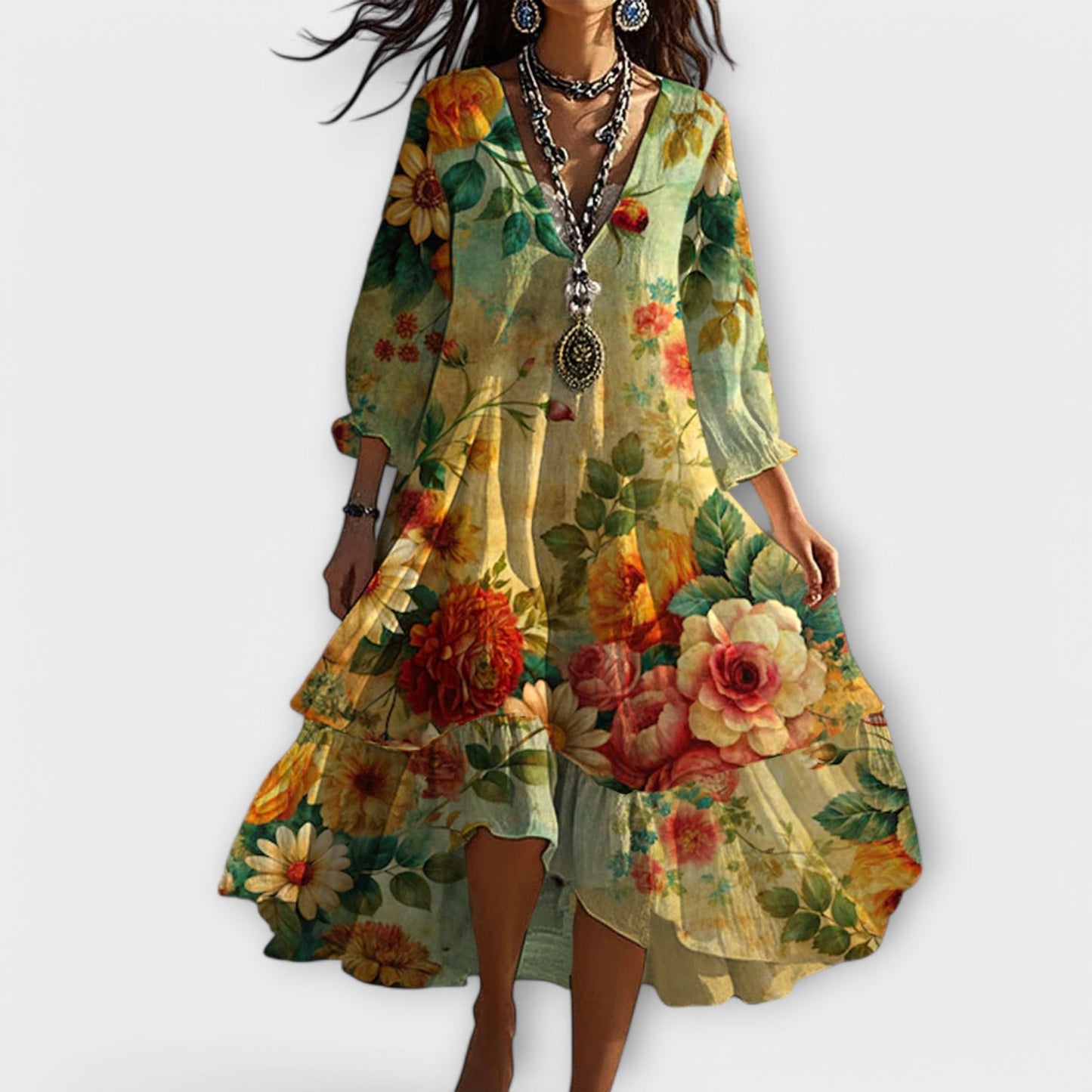 MARINA | VINTAGE BOHO BLOEMENPATROON V-HALS JURK